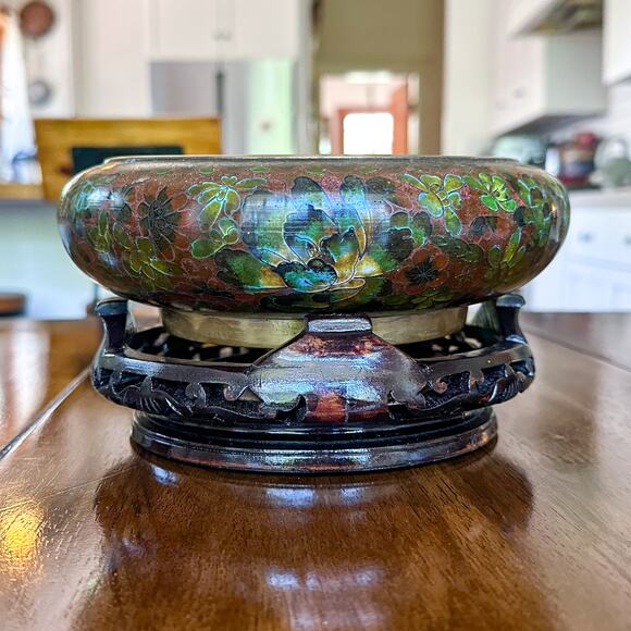 Vintage Chinese Cloisonne Enamel Bowl with Carved Lacquer Wood Stand - Picture 3 of 13